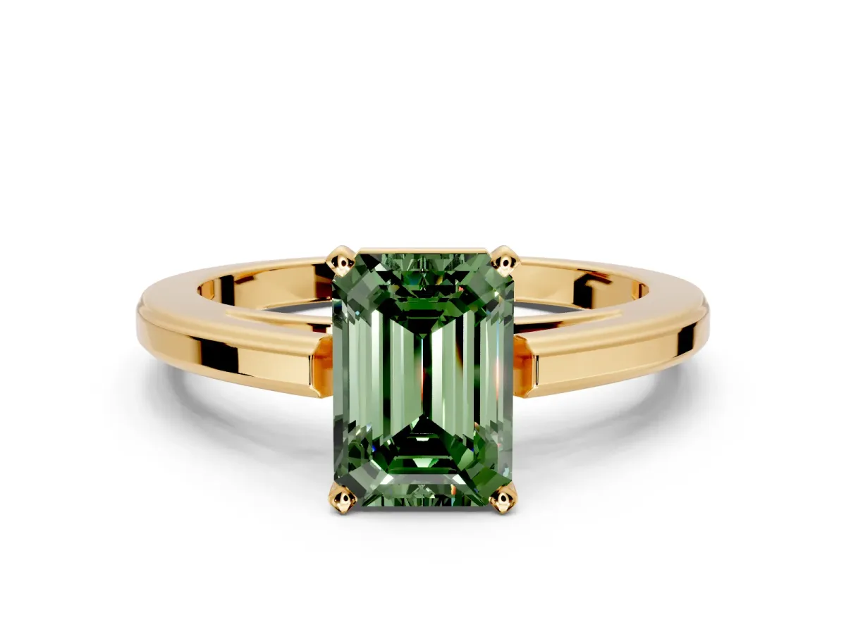 Solitaire Engagement Ring Setting for Fancy Green Emerald Cut Center with Flat-Sided Plain Band and Prong Head in Yellow Gold