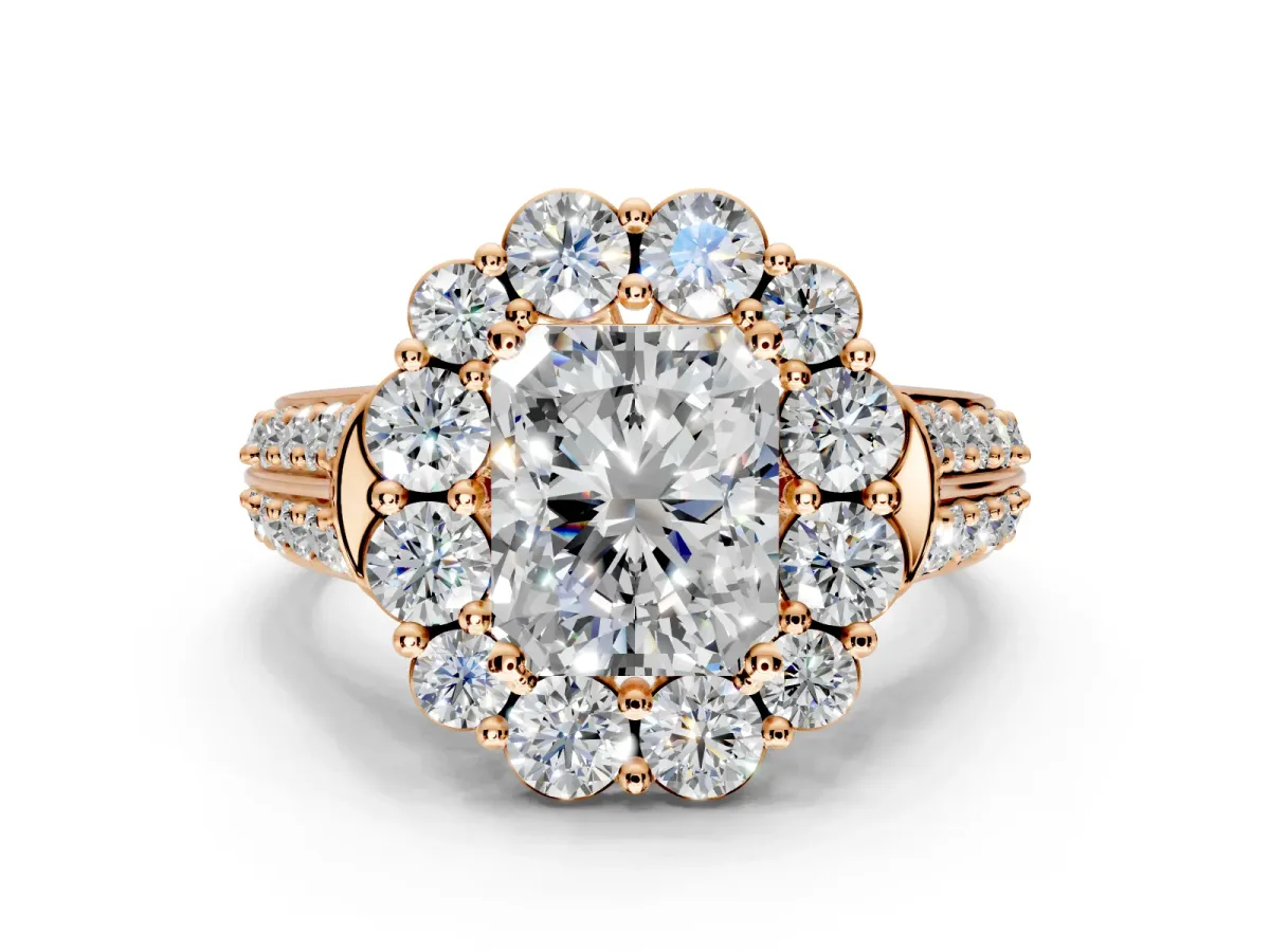 Large Accent Halo Engagement Ring Setting for Radiant Cut Center with Pave Split Shank and Prong Head in Rose Gold