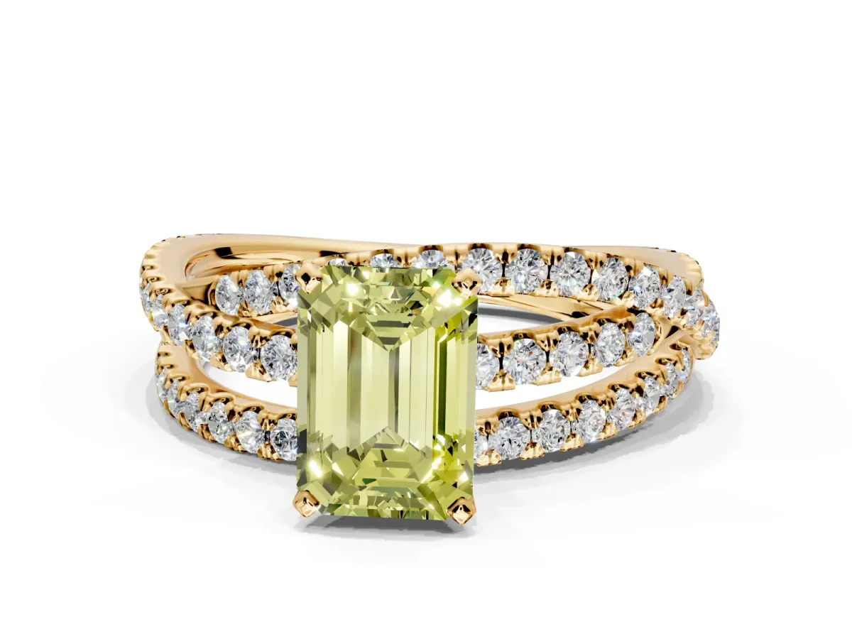 Solitaire Engagement Ring Setting for Fancy Yellow Emerald Cut Center with Woven 3-Strand Pave Band and Prong Head in Yellow Gold