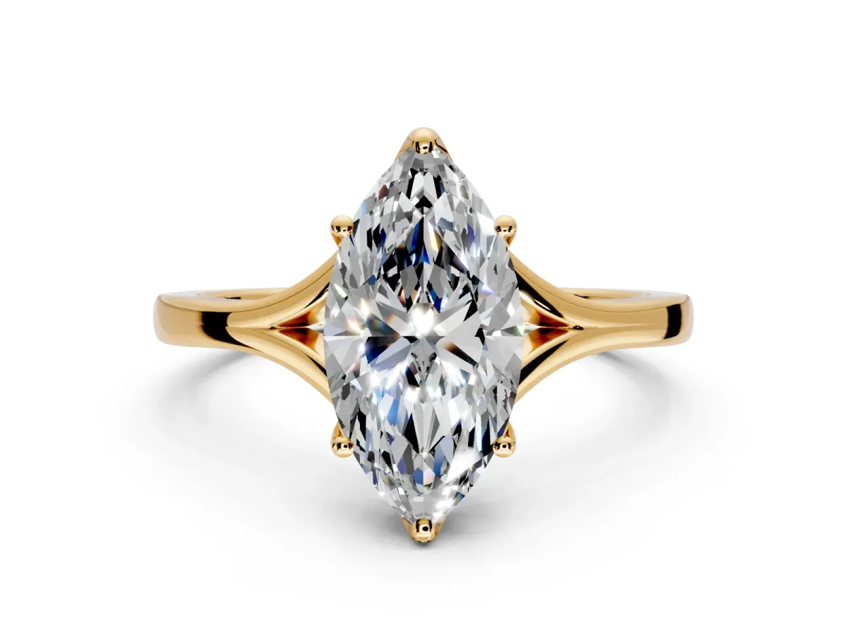 Solitaire Engagement Ring Setting for Marquise Center with Plain Split Shank and Prong Head in Yellow Gold