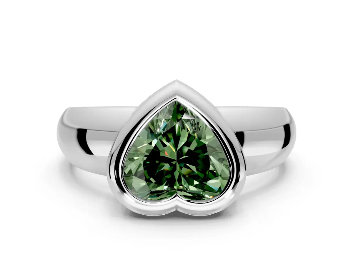 Solitaire Engagement Ring Setting for Fancy Green Heart-Shaped Center with Wide Band and Bezel Head in Sterling Silver