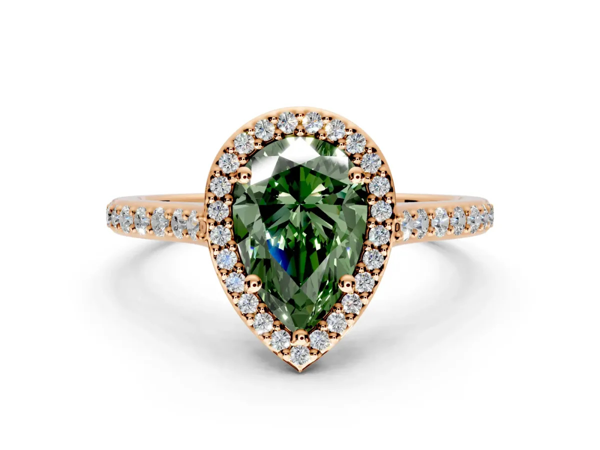 Halo Engagement Ring Setting for Fancy Green Pear-Shaped Center with Pave Accents, Heart Basket and Prong Head in Rose Gold