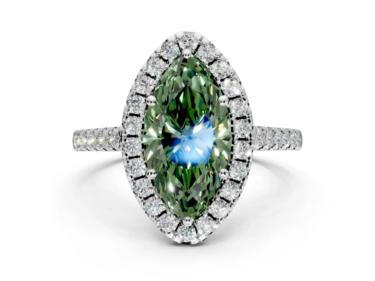 Halo Engagement Ring Setting for Fancy Green Marquise Center with Raised Halo, Pave Band and Prong Head in Sterling Silver