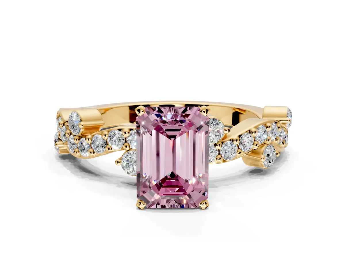 Solitaire Engagement Ring Setting for Fancy Pink Emerald Cut Center with Bar-Station Pave Twist and Prong Head in Yellow Gold