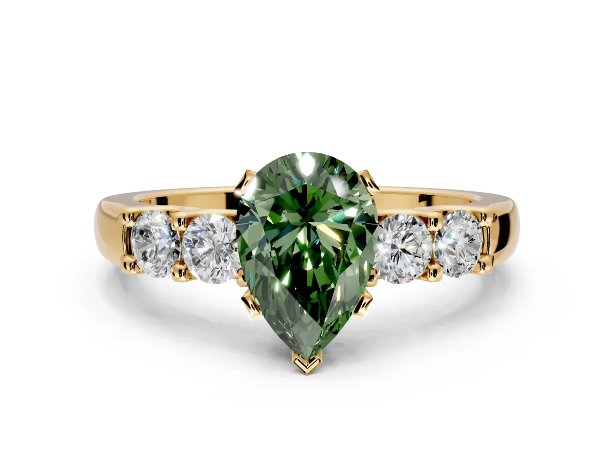5 Stone Engagement Ring Setting for Fancy Green Pear-Shaped Center with Plain Band and Prong Head in Yellow Gold