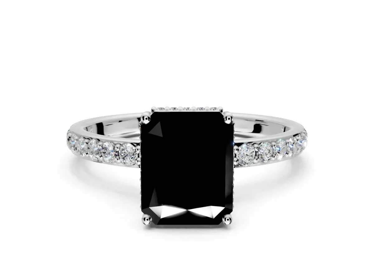 Hidden Halo Engagement Ring Setting for Fancy Black Radiant Cut Center with Pave Band and Prong Head in White Gold