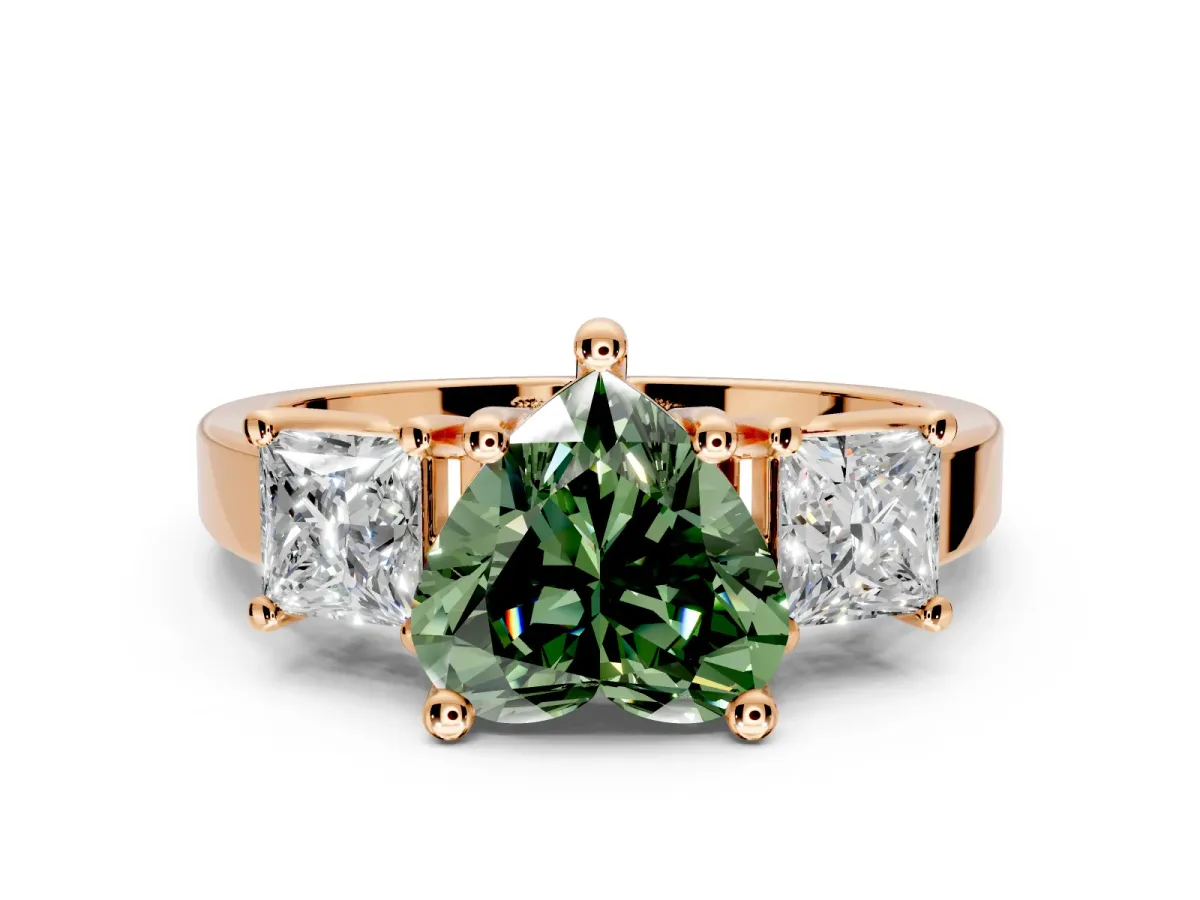 3 Stone Engagement Ring Setting for Fancy Green Heart-Shaped Center with Matching Side Accents and Prong Head in Rose Gold