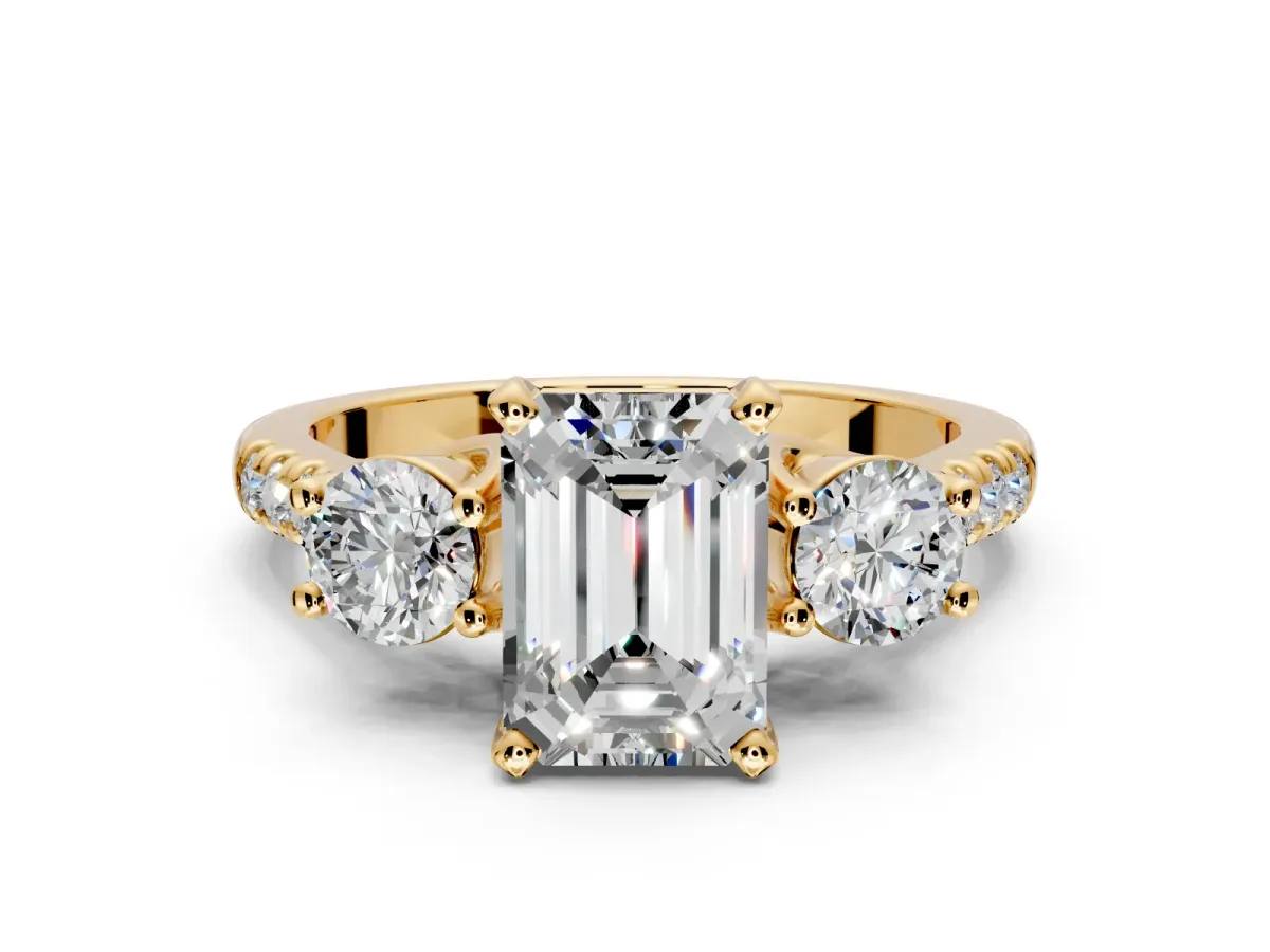 3 Stone Engagement Ring Setting for Emerald Cut Center with Crossover Basket, Pave Band and Prong Head in Yellow Gold