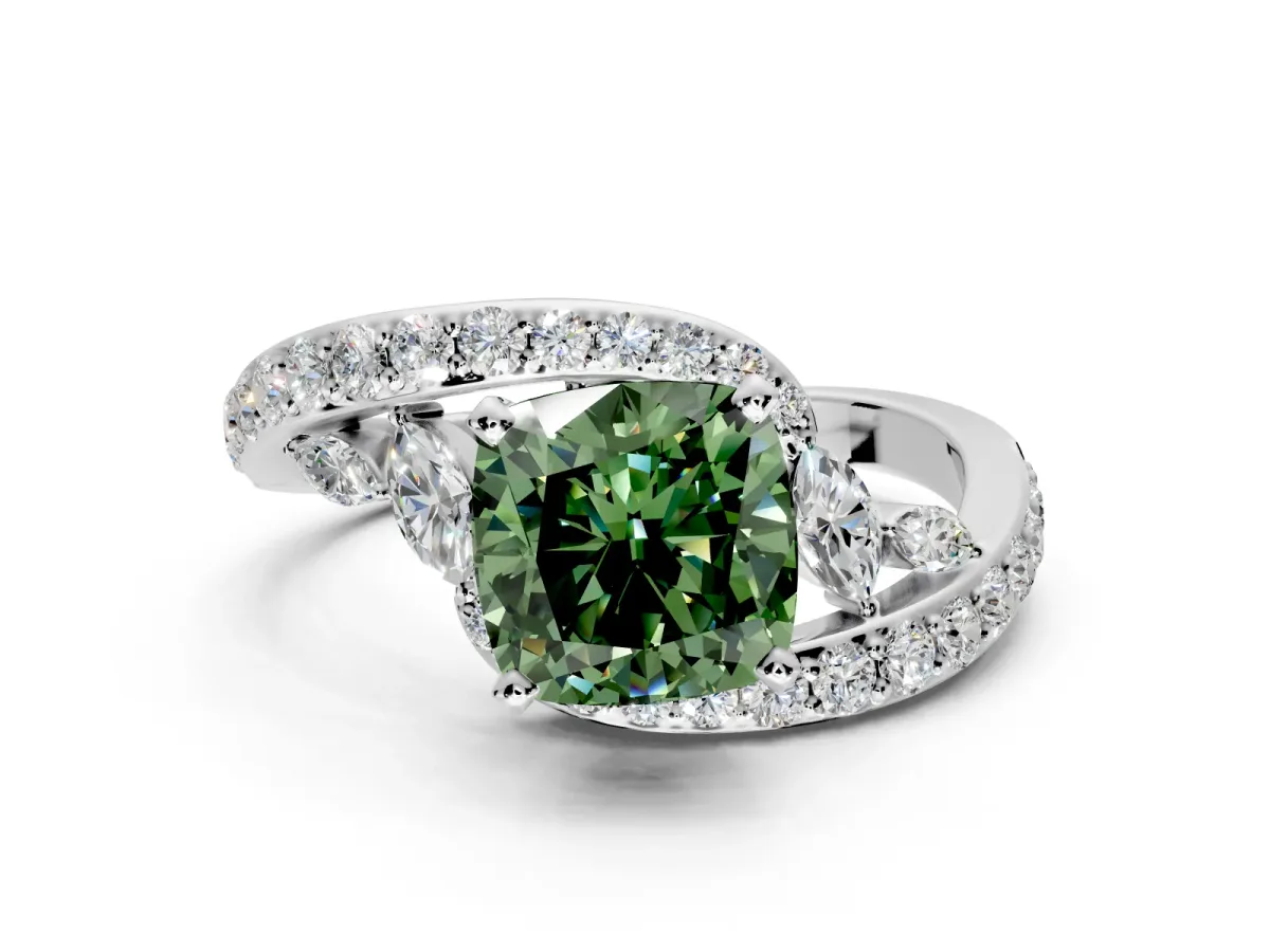 Solitaire Engagement Ring Setting for Fancy Green Cushion Cut Center with Pave Bypass Twist Band and Prong Head in White Gold