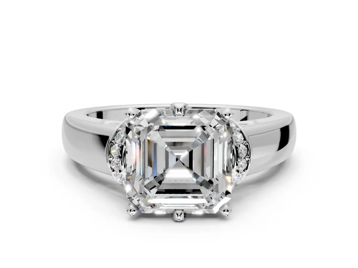 Solitaire Engagement Ring Setting for Asscher Cut Center with Wide Band, Pave Collar and Prong Head in Platinum