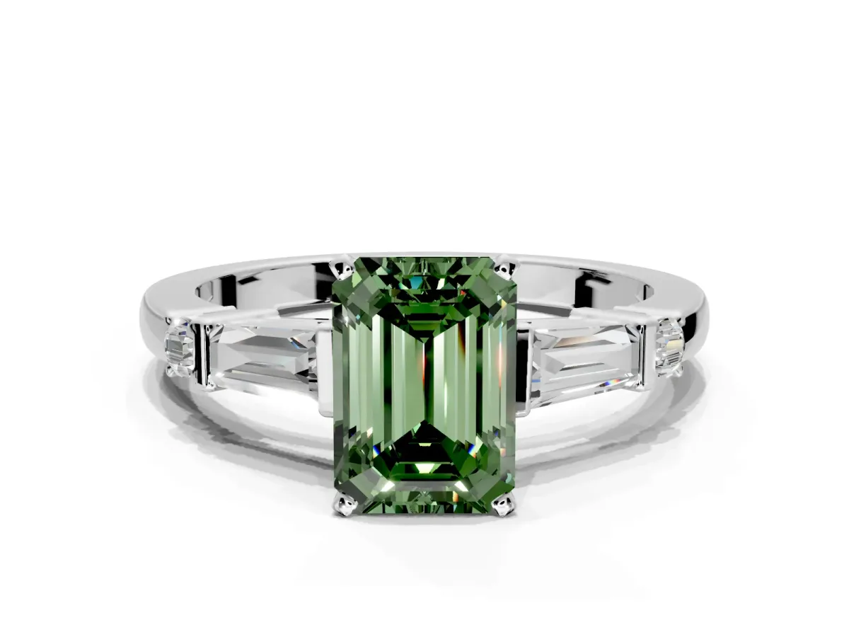 Bar-Set Engagement Ring Setting for Fancy Green Emerald Cut Center with Tapered Baguette Accents and Prong Head in White Gold