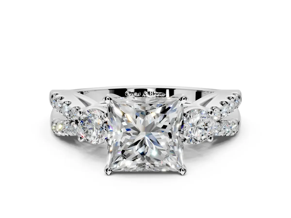 3 Stone Engagement Ring Setting for Princess Cut Center with Pave Split Shank and Prong Head in Platinum