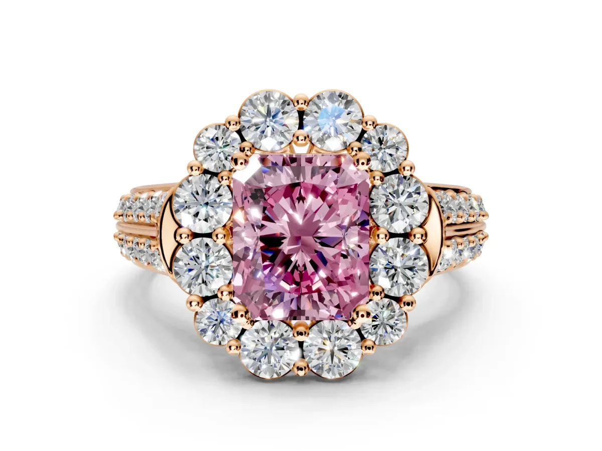 Large Accent Halo Engagement Ring Setting for Fancy Pink Radiant Cut Center with Pave Split Shank and Prong Head in Rose Gold
