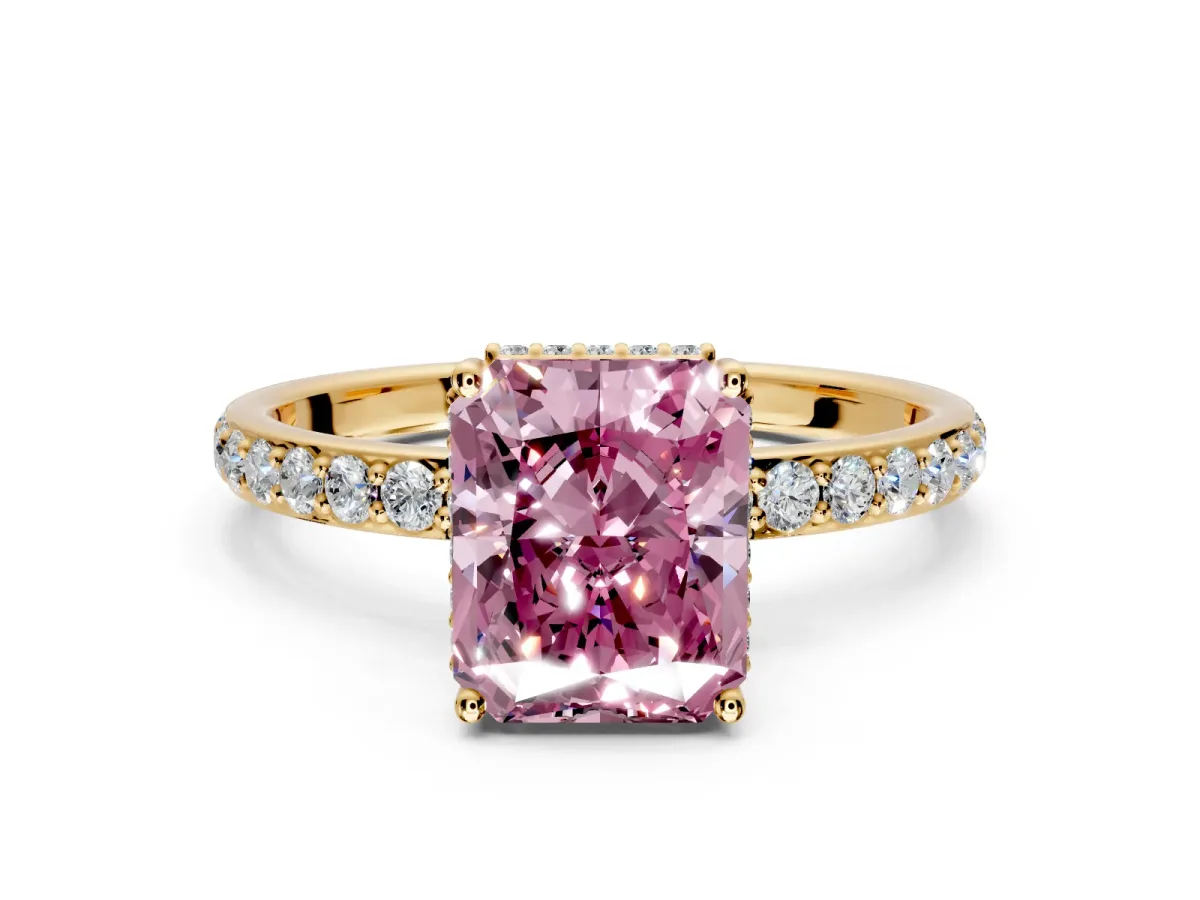Hidden Halo Engagement Ring Setting for Fancy Pink Radiant Cut Center with Pave Band and Prong Head in Yellow Gold