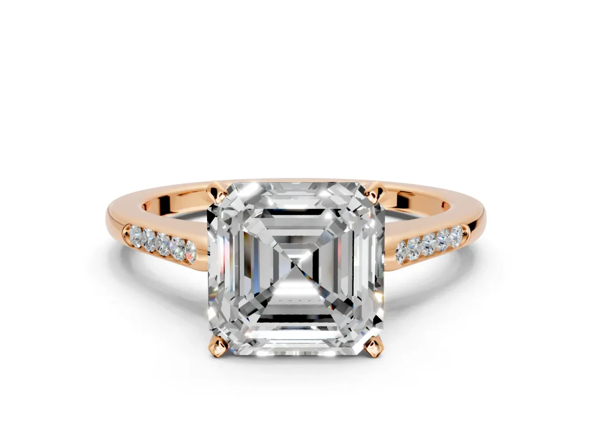 Solitaire Engagement Ring Setting for Asscher Cut Center with Channel Accents and Prong Head in Rose Gold