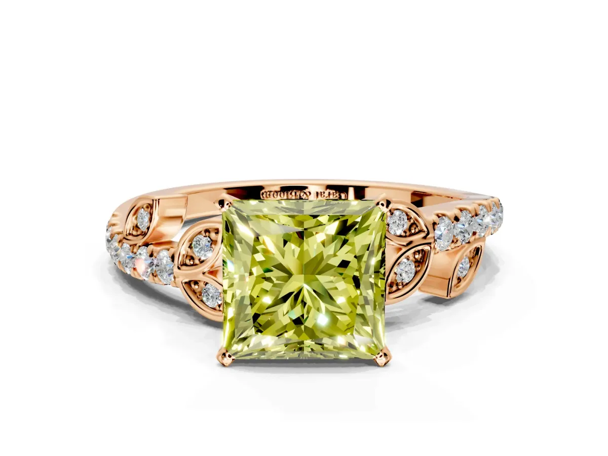 Leaf Motif Engagement Ring Setting for Fancy Yellow Princess Cut Center with Pave Band and Prong Head in Rose Gold
