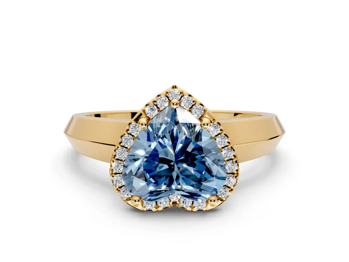 Halo Engagement Ring Setting for Fancy Blue Heart-Shaped Center with Knife Ridge Cathedral Band and Prong Head in Yellow Gold