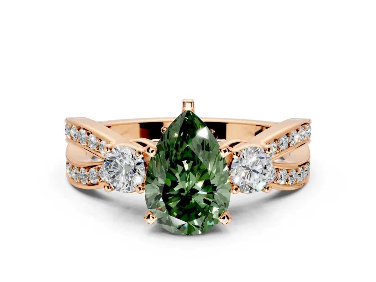 3 Stone Engagement Ring Setting for Fancy Green Pear-Shaped Center with Pave Twist Band and Prong Head in Rose Gold