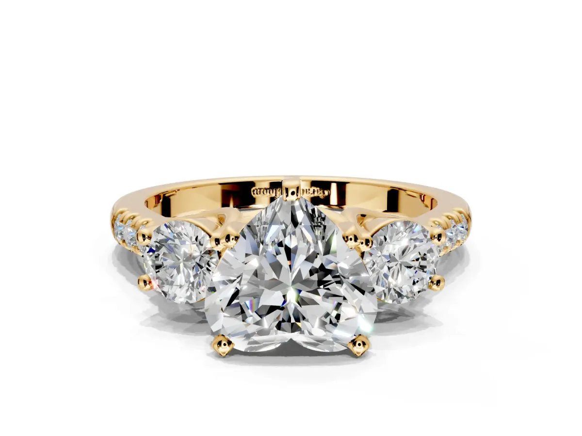 3 Stone Engagement Ring Setting for Heart-Shaped Center with Crossover Basket, Pave Band and Prong Head in Yellow Gold