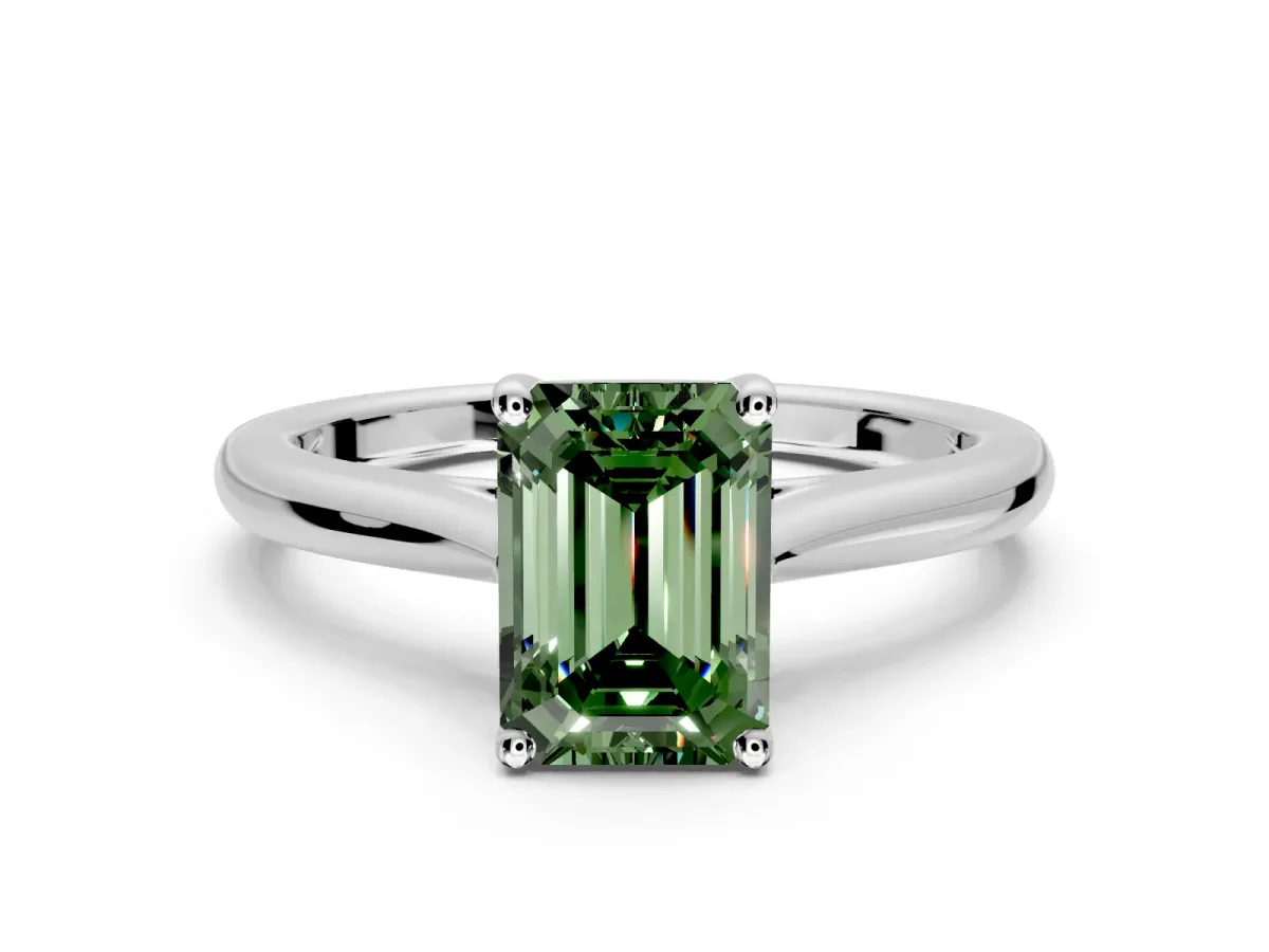 Solitaire Engagement Ring Setting for Fancy Green Emerald Cut Center with Narrow Cathedral Band and Prong Head in Platinum