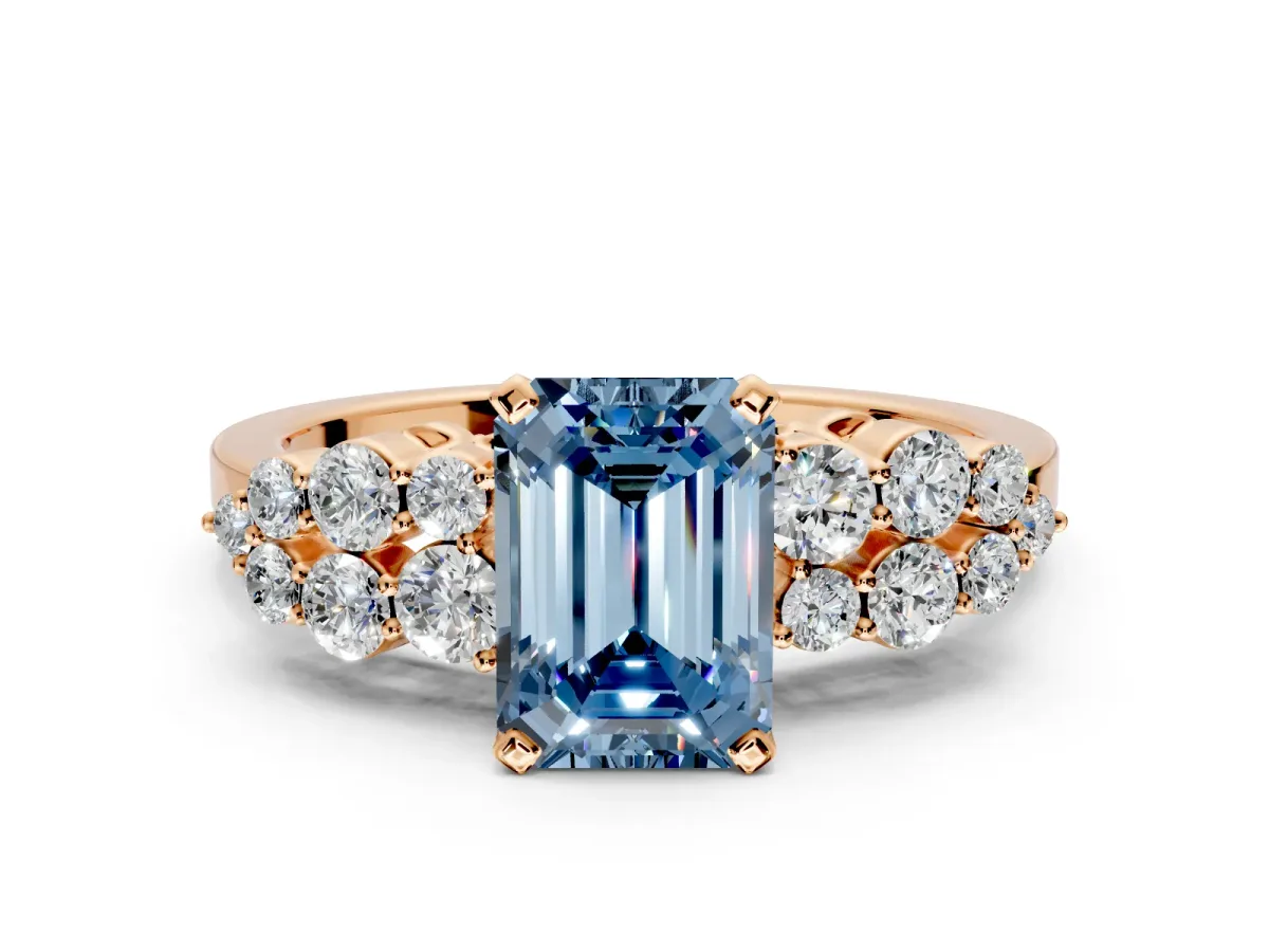 Cluster Engagement Ring Setting for Fancy Blue Emerald Cut Center with 2-Row Shoulder Clusters and Prong Head in Rose Gold