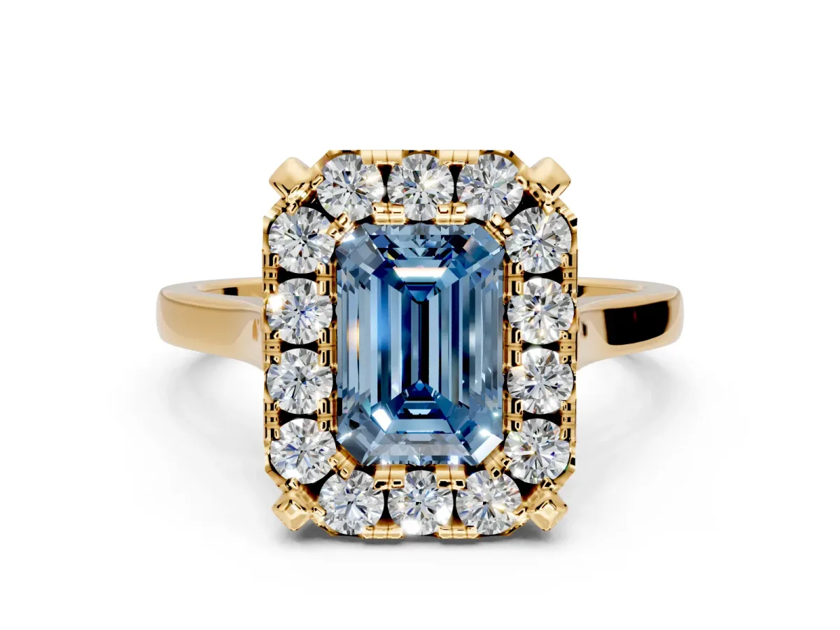 Single Halo Engagement Ring Setting for Fancy Blue Emerald Cut Center with Corner Claws, Plain Band and Prong Head in Yellow Gold