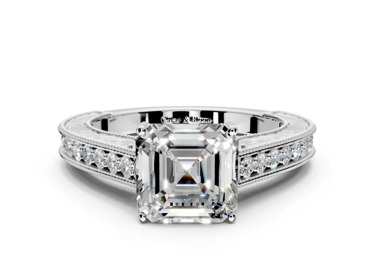 Solitaire Engagement Ring Setting for Asscher Cut Center with Engraved Pave Band and Prong Head in Platinum