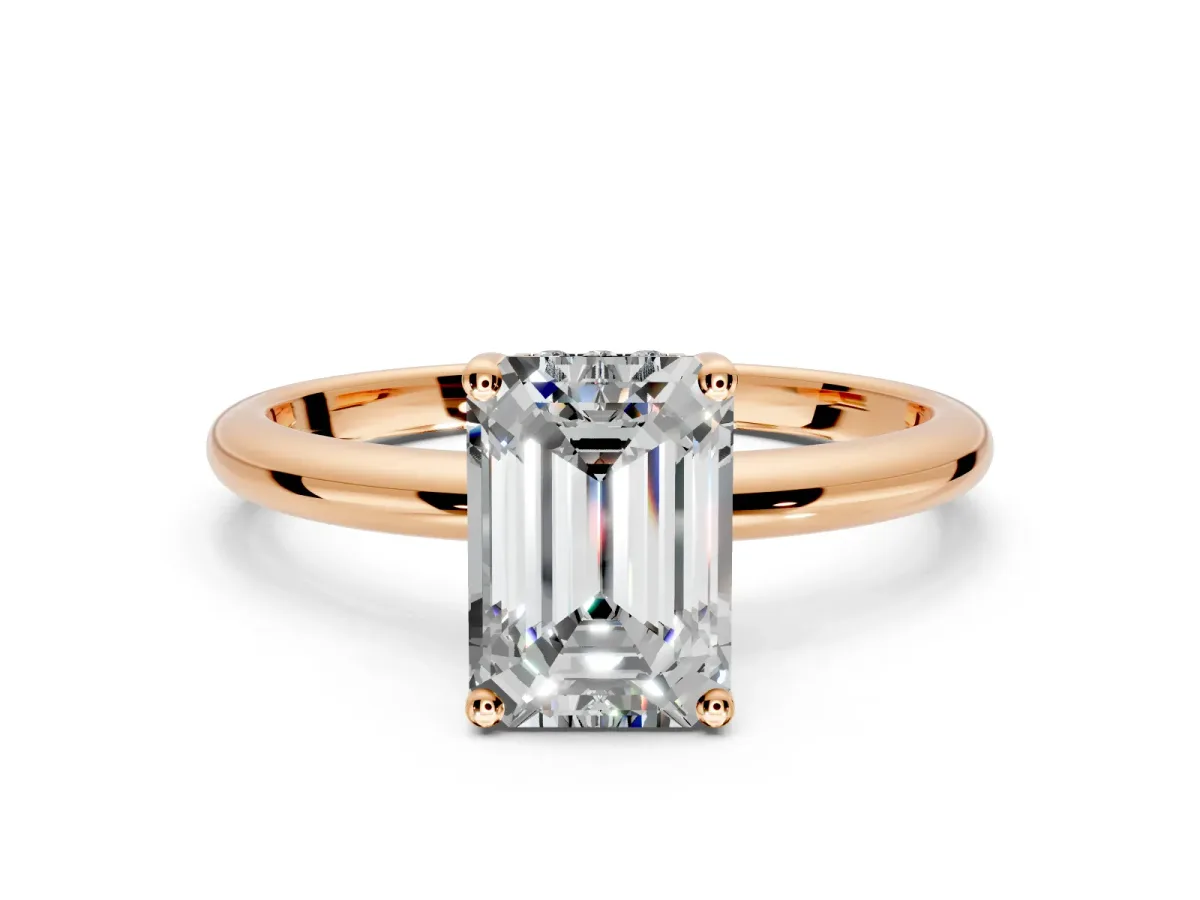 Hidden Halo Engagement Ring Setting for Emerald Cut Center with Thin Round-Wire Band and Prong Head in Rose Gold