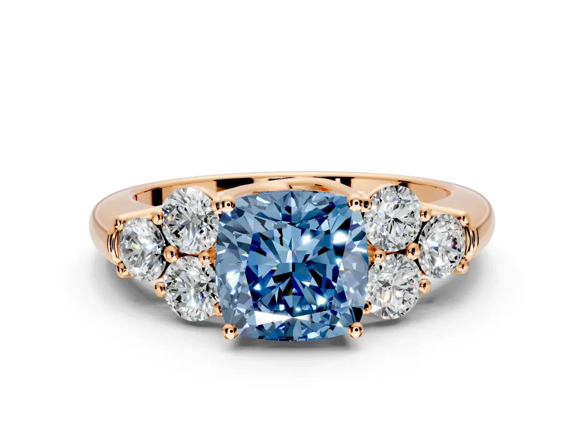 Cluster Engagement Ring Setting for Fancy Blue Cushion Cut Center with Round Cut Accent Frame and Prong Head in Rose Gold