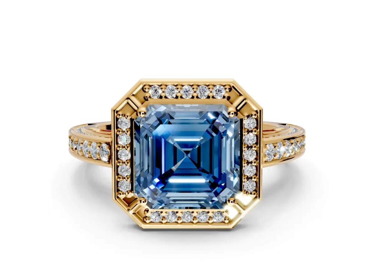 Halo Engagement Ring Setting for Fancy Blue Asscher Cut Center with Framed Halo, Pave Band and Prong Head in Yellow Gold