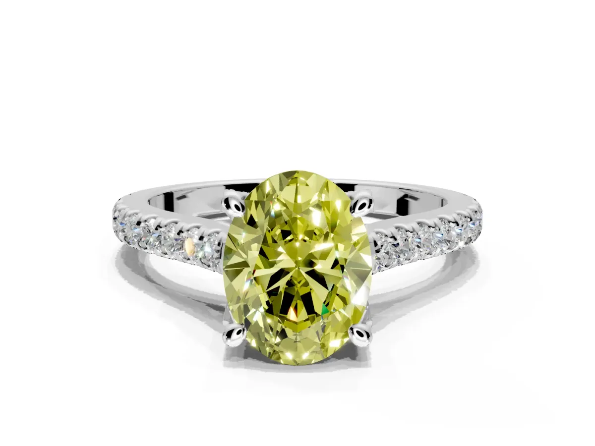 Solitaire Engagement Ring Setting for Fancy Yellow Oval Center with Widening Pave Band and Claw Prong Head in Platinum
