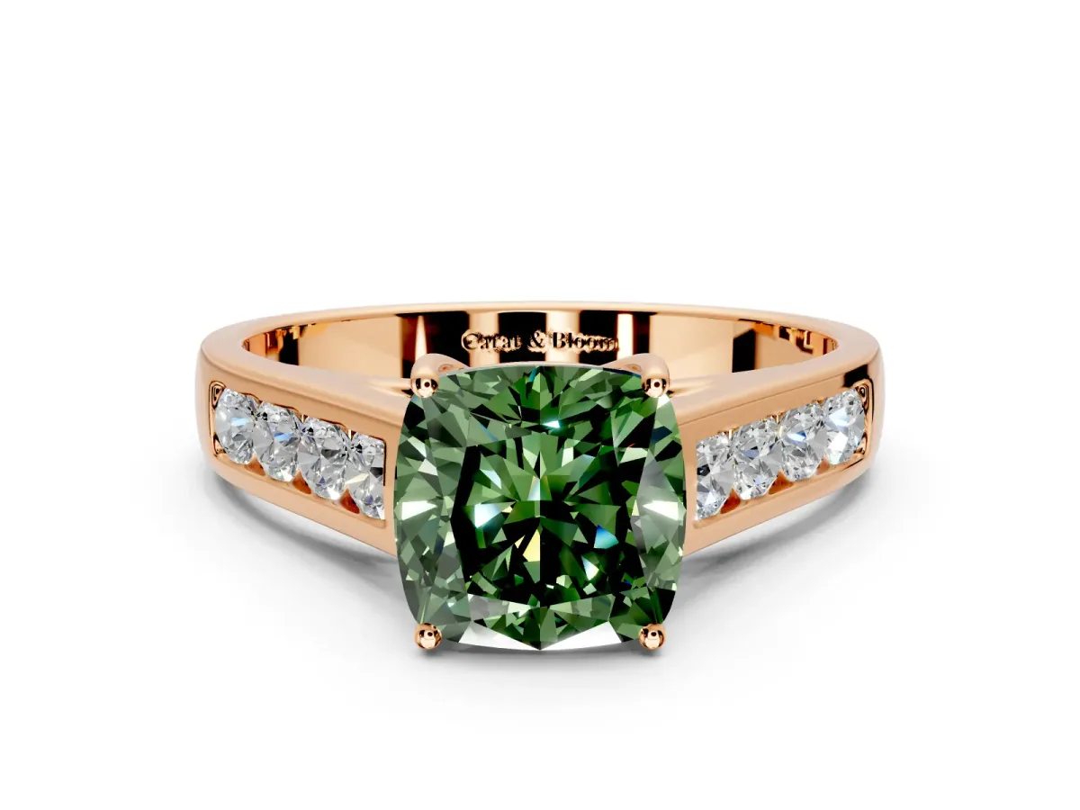 Solitaire Engagement Ring Setting for Fancy Green Cushion Cut Center with Round Cut Channel Band and Prong Head in Rose Gold