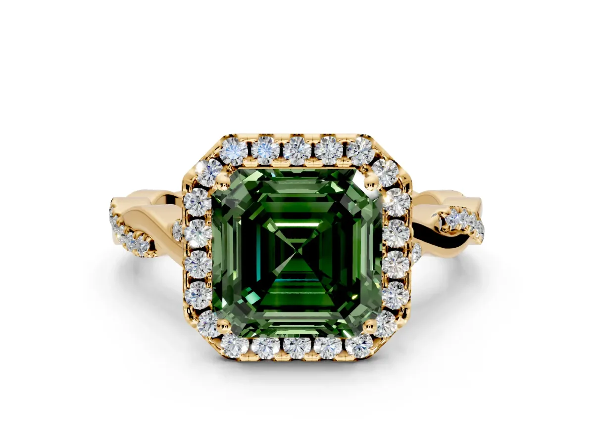 Halo Engagement Ring Setting for Fancy Green Asscher Cut Center with Twist Band and Prong Head in Yellow Gold