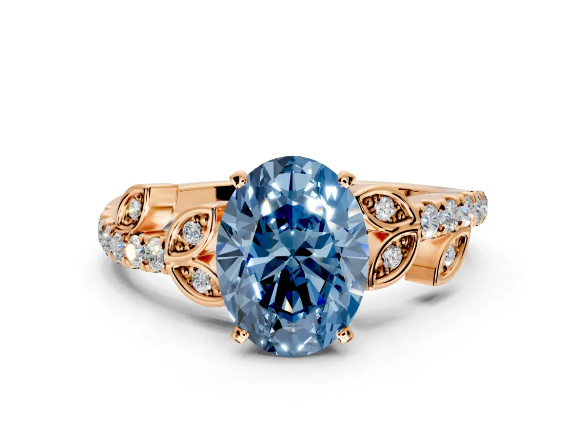 Leaf Motif Engagement Ring Setting for Fancy Blue Oval Center with Pave Band and Prong Head in Rose Gold