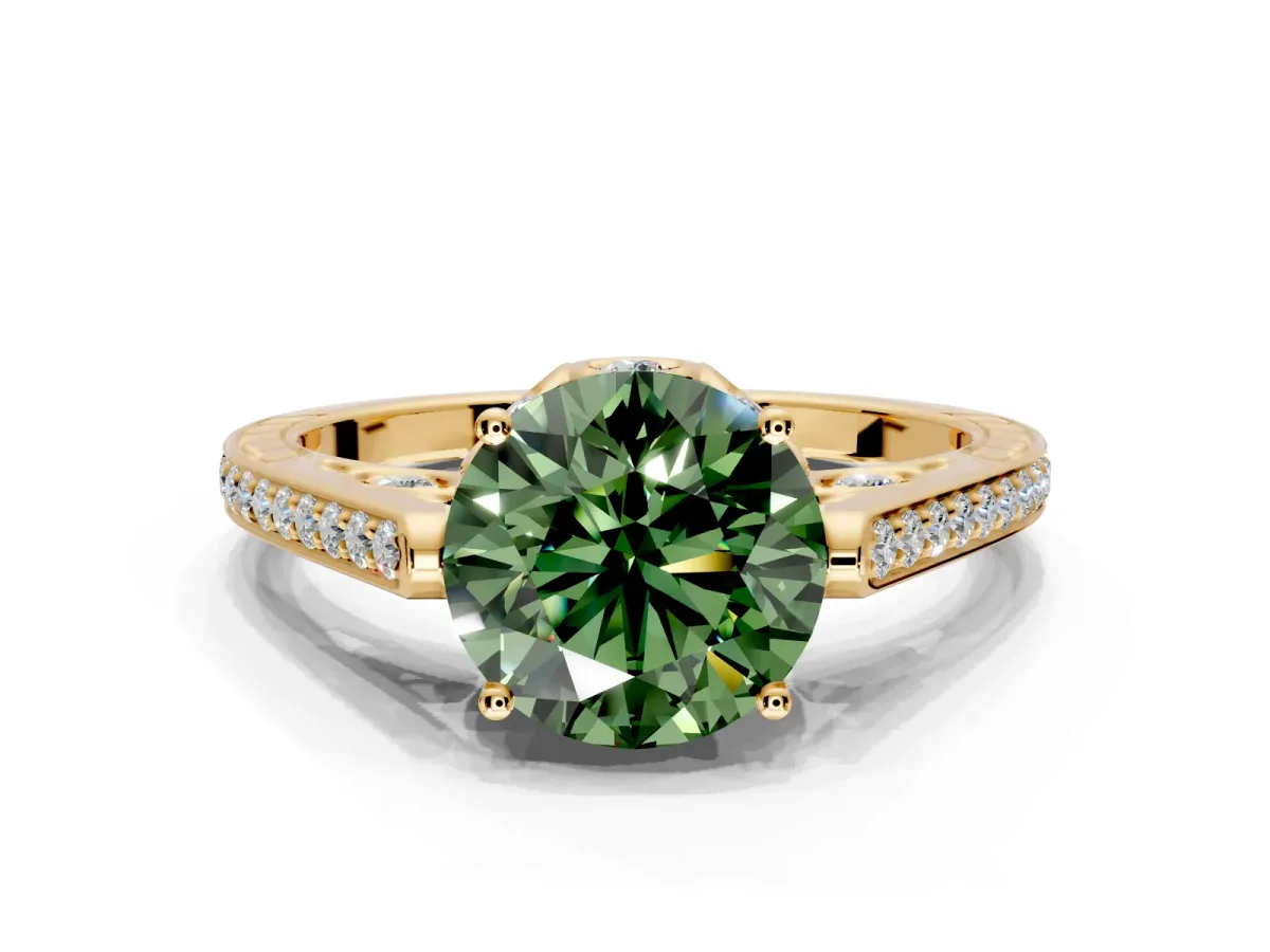 Cathedral Engagement Ring Setting for Fancy Green Round Cut Center with Antique-Style Pave Band and Prong Head in Yellow Gold