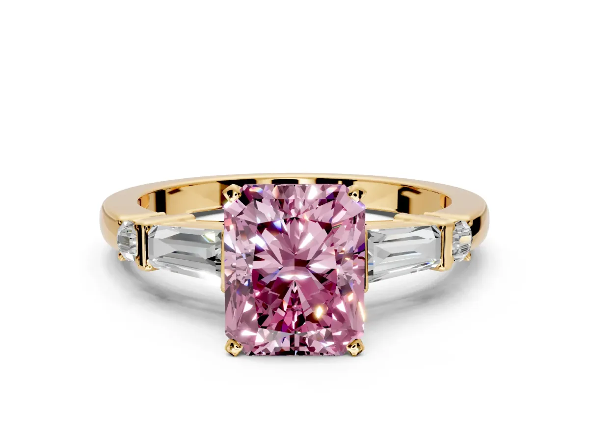 Bar-Set Engagement Ring Setting for Fancy Pink Radiant Cut Center with Tapered Baguette Accents and Prong Head in Yellow Gold