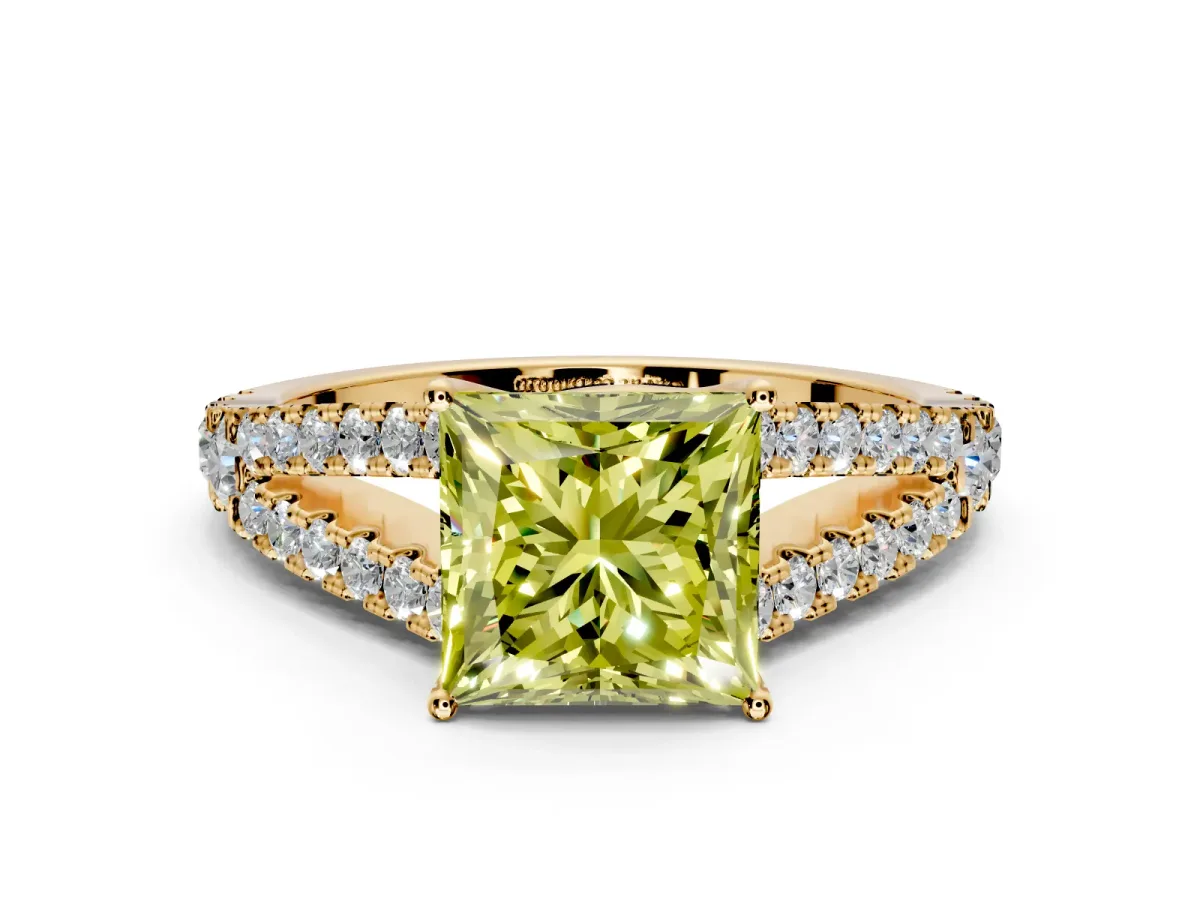 Solitaire Engagement Ring Setting for Fancy Yellow Princess Cut Center with Pave Split Shank and Prong Head in Yellow Gold