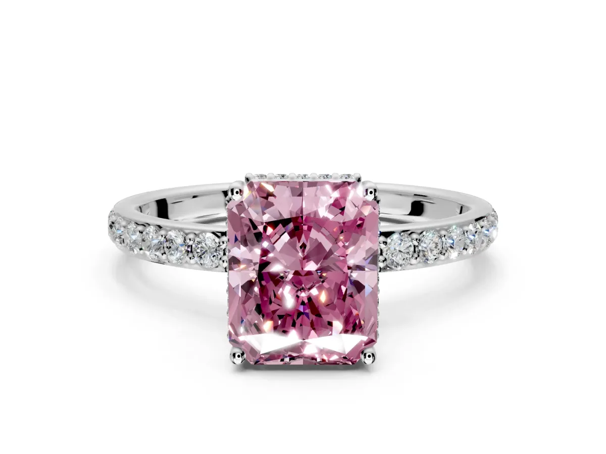 Hidden Halo Engagement Ring Setting for Fancy Pink Radiant Cut Center with Pave Band and Prong Head in White Gold