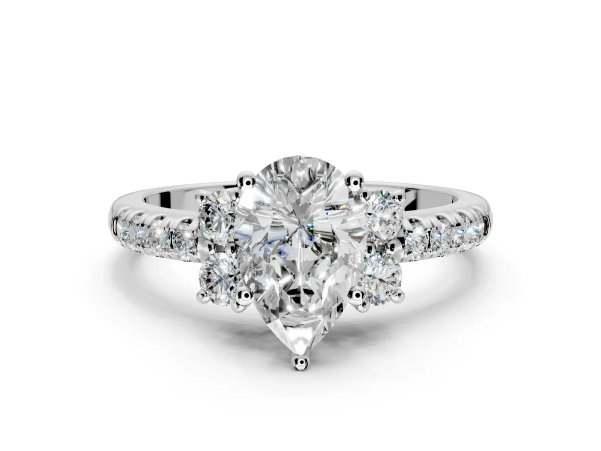Paired Accent Engagement Ring Setting for Pear-Shaped Center with Pave Band and Prong Head in White Gold