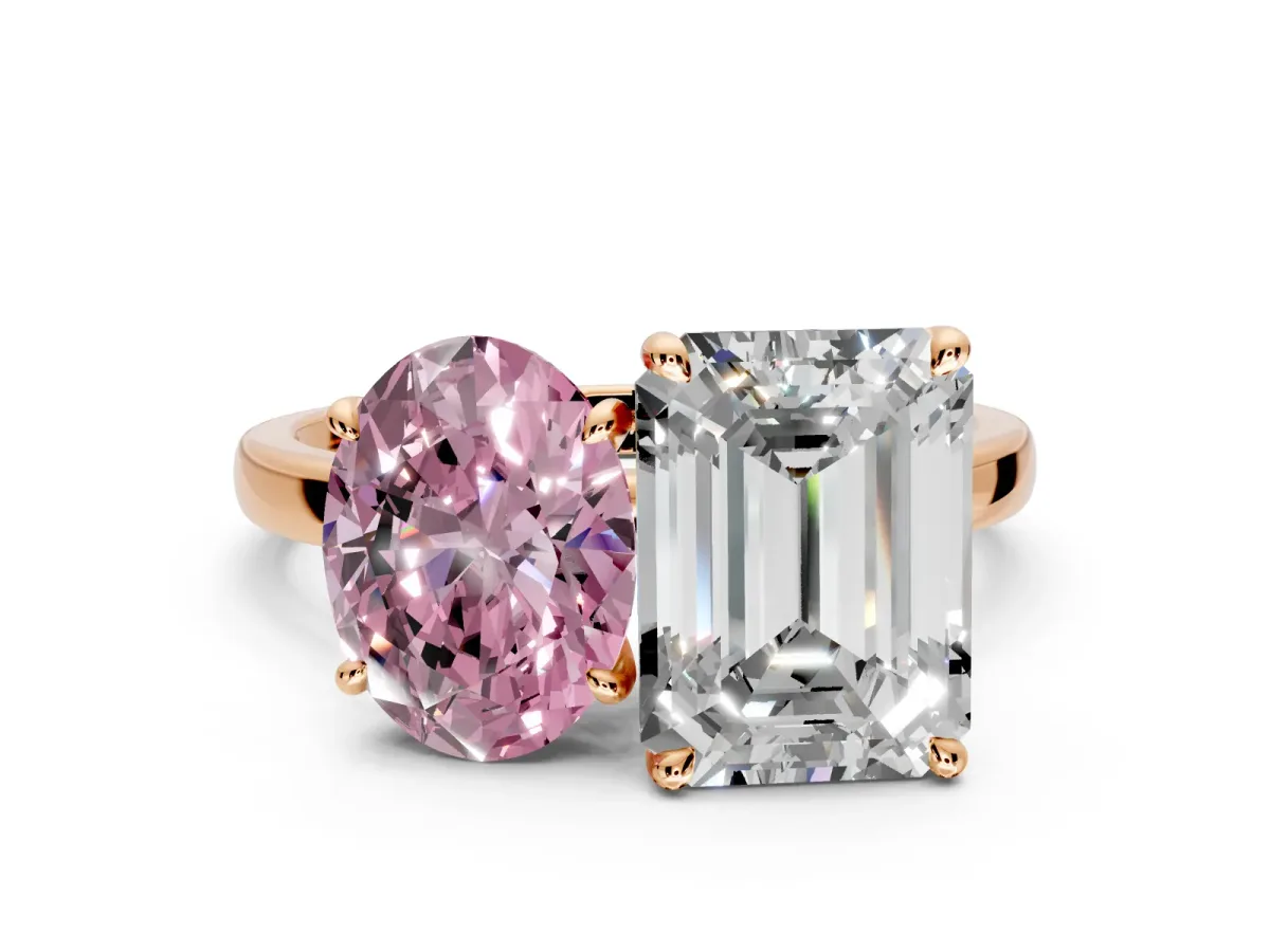 Fancy Pink Oval and Emerald Cut Lab-Grown Diamond Toi et Moi Engagement Ring with Prong-Set Stones in Rose Gold
