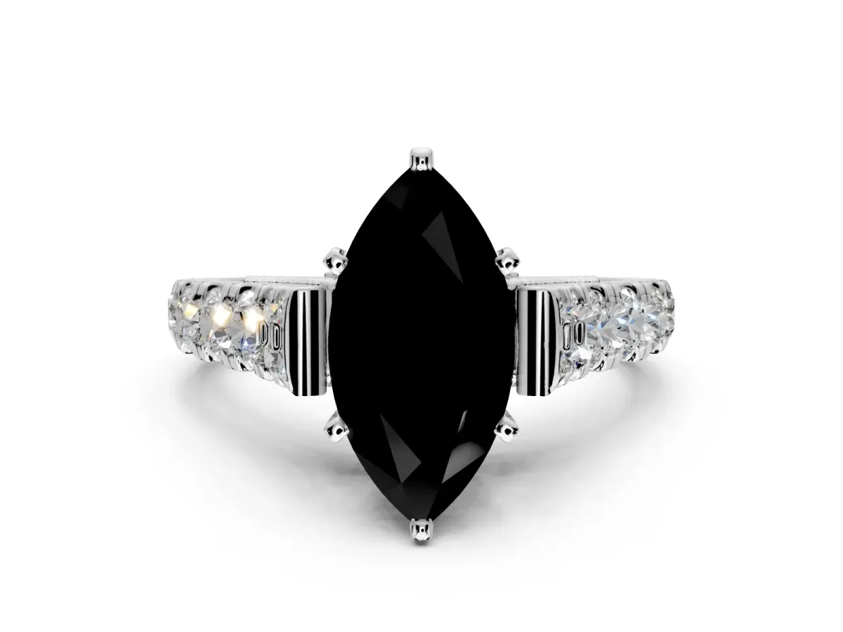 Solitaire Engagement Ring Setting for Fancy Black Marquise Center with Pave Cathedral Shoulders and Prong Head in Sterling Silver