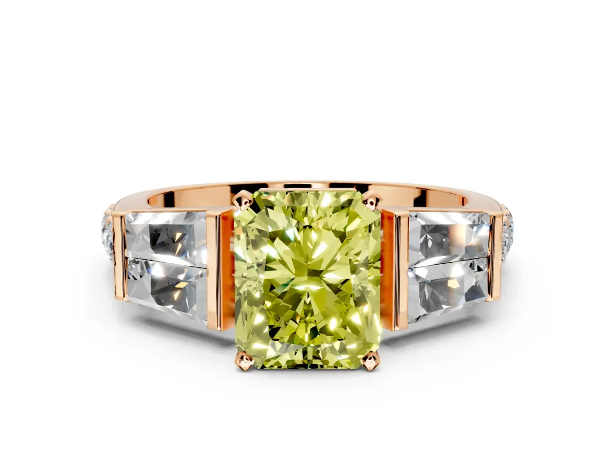 Channel-Set Engagement Ring Setting for Fancy Yellow Radiant Cut Center with Baguette Band and Prong Head in Rose Gold