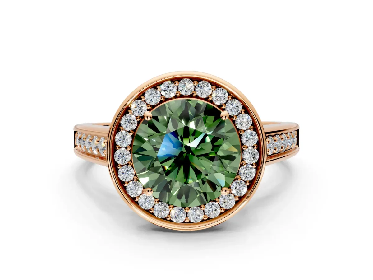 Halo Engagement Ring Setting for Fancy Green Round Cut Center with Outer Bezel Rim, Pave Band and Prong Head in Rose Gold