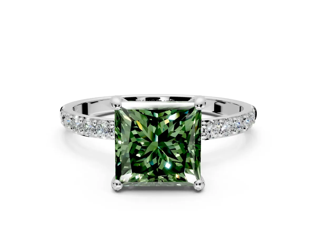 Solitaire Engagement Ring Setting for Fancy Green Princess Cut Center with Pave Accents and Prong Head in White Gold