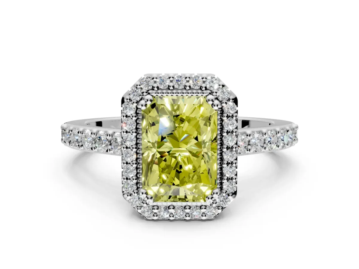 Halo Engagement Ring Setting for Fancy Yellow Radiant Cut Center with Inner Milgrain Border and Prong Head in Platinum