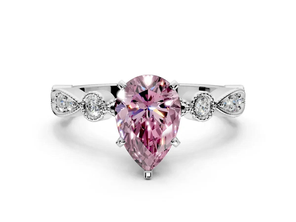 Solitaire Engagement Ring Setting for Fancy Pink Pear-Shaped Center with Milgrain Bezel Accents and Prong Head in Platinum