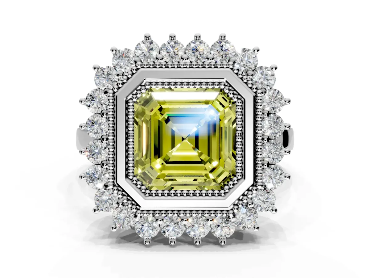 Halo Engagement Ring Setting for Fancy Yellow Asscher Cut Center with Milgrain Bezel Rim, Plain Band and Prong Head in Platinum