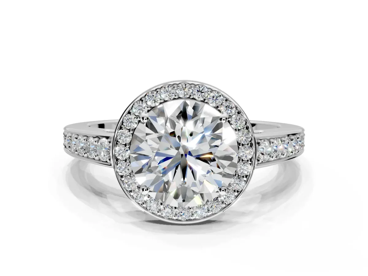 Bezel-Framed Halo Engagement Ring Setting for Round Cut Center with Pave Band and Prong Head in Sterling Silver