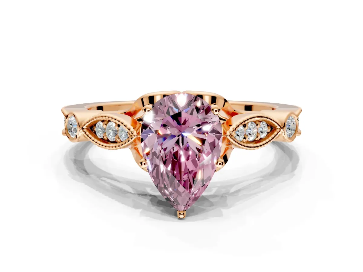 Solitaire Engagement Ring Setting for Fancy Pink Pear-Shaped Center with Marquise and Bezel Accents and Prong Head in Rose Gold