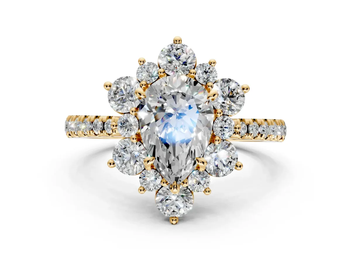 Floral Halo Engagement Ring Setting for Pear-Shaped Center with Pave Accents and Prong Head in Yellow Gold